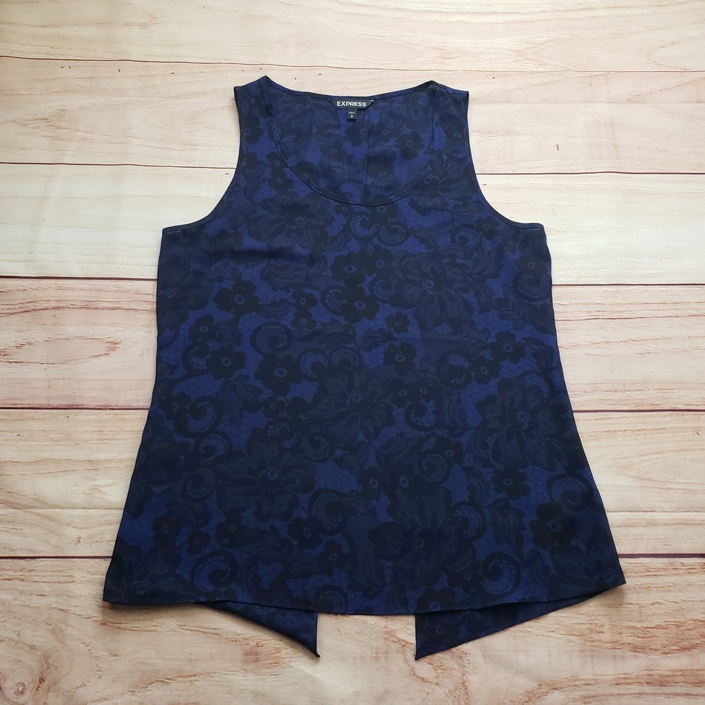 Express Floral Lace Tank Top Womens Medium Blue Split Back Sleeveless Blouse